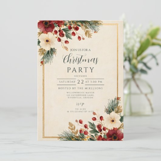 Elegant Winter Floral Frohe Weihnachten Einladung (Stehend Vorderseite)