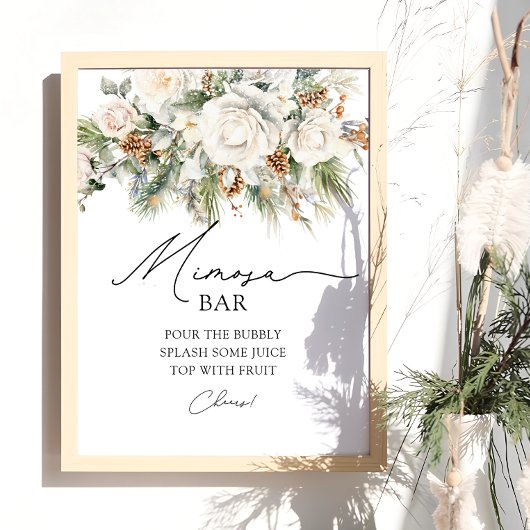 Elegant Winter Floral Greenery Mimosa Bar Poster