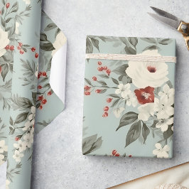 Elegant Winter Floral Mattiert White & Crimson Geschenkpapier