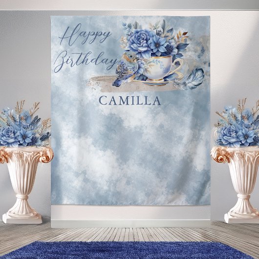 Elegant Winter Floral Teacup Happy Birthday Wandteppich