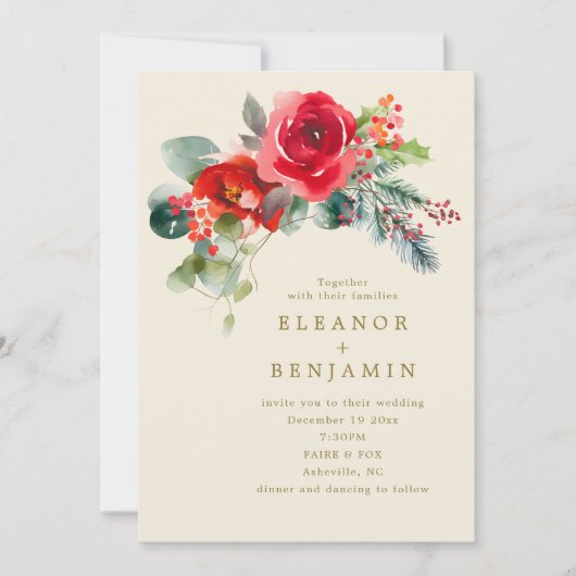 Elegant Winter Floral Wedding Christmas December Einladung (Vorderseite)
