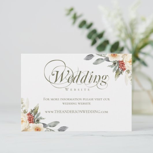 Elegant Winter Floral Wedding Website Begleitkarte (Stehend Vorderseite)