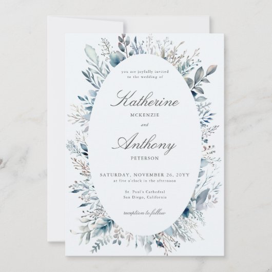 Elegant Winter Foliage Boho Frame Blue Wedding Einladung (Vorderseite)