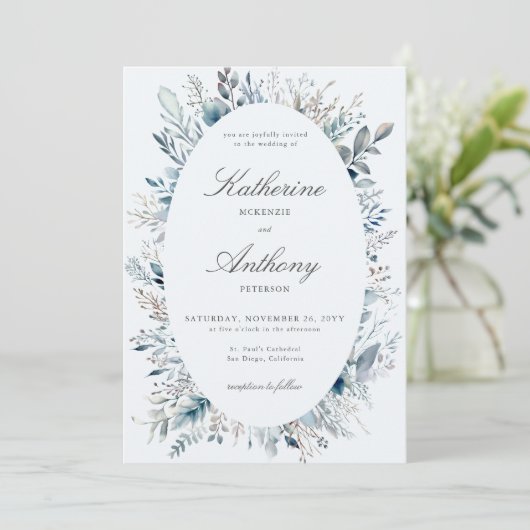 Elegant Winter Foliage Boho Frame Blue Wedding Einladung (Stehend Vorderseite)