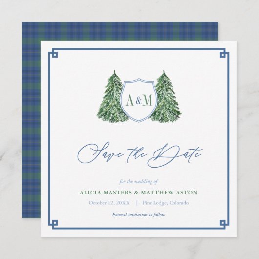 Elegant Winter Forest Wedding Monogram Tartan Save The Date (Vorne/Hinten)