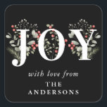 Elegant Winter Greenerity JOY Christmas Holiday Quadratischer Aufkleber<br><div class="desc">Dieses elegante und festliche Geschenketikett zeigt das Wort JOY,  das von wunderschönen Aquarellen und Beeren auf einem schicken schwarzen Hintergrund hervorgehoben wird. Passen Sie es mit Ihrem eigenen Namen und Text an. Dieses schöne Ferienhaus-Tag ist eine großartige Möglichkeit,  Ihre Geschenke an Familie und Freunde zu akzentuieren.</div>