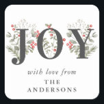 Elegant Winter Greenerity JOY Christmas Holiday Quadratischer Aufkleber<br><div class="desc">Dieses elegante und festliche Geschenketikett besticht durch das Wort JOY,  das von wunderschönen Aquarellen und Beeren auf klassisch weißem Hintergrund hervorgehoben wird. Passen Sie es mit Ihrem eigenen Namen und Text an. Dieses schöne Ferienhaus-Tag ist eine großartige Möglichkeit,  Ihre Geschenke an Familie und Freunde zu akzentuieren.</div>