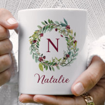 Elegant Winter Greenery Burgundy Monogram Wreath