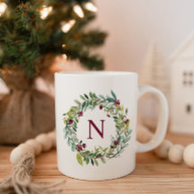 Elegant Winter Greenery Burgundy Monogram Wreath