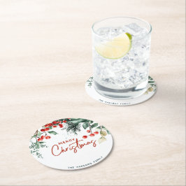 Elegant Winter Greenery Frohe Weihnachten Runder Pappuntersetzer