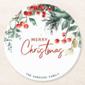 Elegant Winter Greenery Frohe Weihnachten Runder Pappuntersetzer (Vorderseite)
