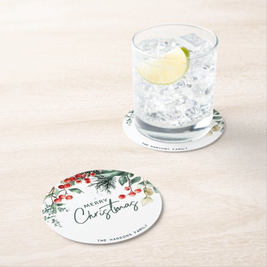 Elegant Winter Greenery Frohe Weihnachten Runder Pappuntersetzer (Vor Ort)