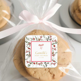 Elegant Winter Greenery & Holly Baby Dusche Quadratischer Aufkleber