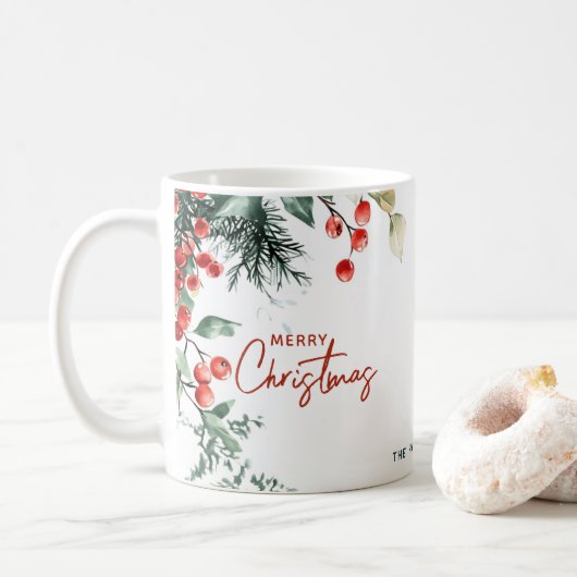 Elegant Winter Greenery Merry Christmas Custom Kaffeetasse (Mit Donut)