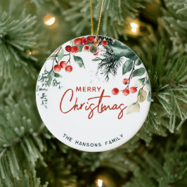 Elegant Winter Greenery Merry Christmas Custom Keramik Ornament