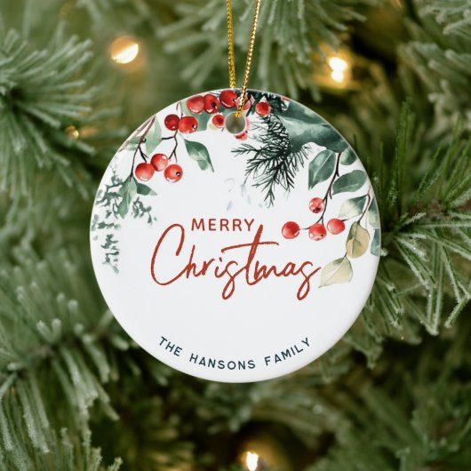 Elegant Winter Greenery Merry Christmas Custom Keramik Ornament (Baum)