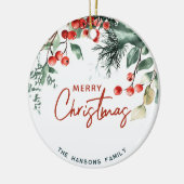 Elegant Winter Greenery Merry Christmas Custom Keramik Ornament (Links)