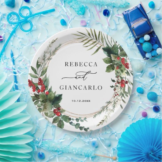 Elegant Winter Greenery Red Berries Holiday Pappteller (Party)