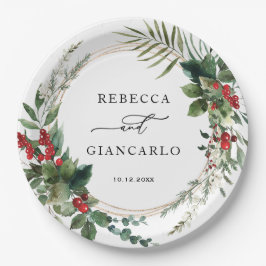 Elegant Winter Greenery Red Berries Holiday Pappteller