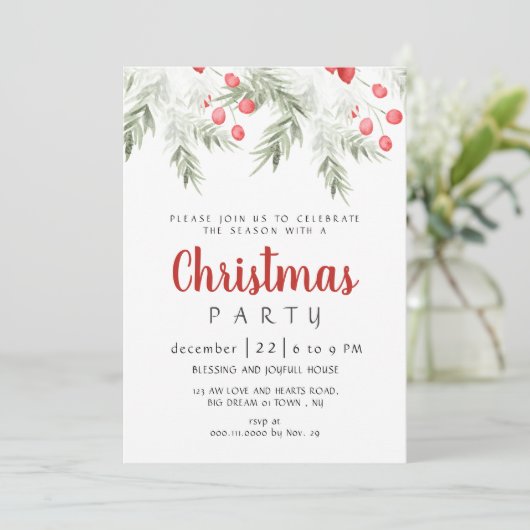 Elegant Winter Greenery Watercolor Christmas Party Einladung (Stehend Vorderseite)