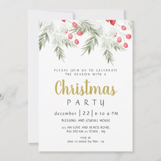 Elegant Winter Greenery Watercolor Christmas Party Einladung (Vorderseite)
