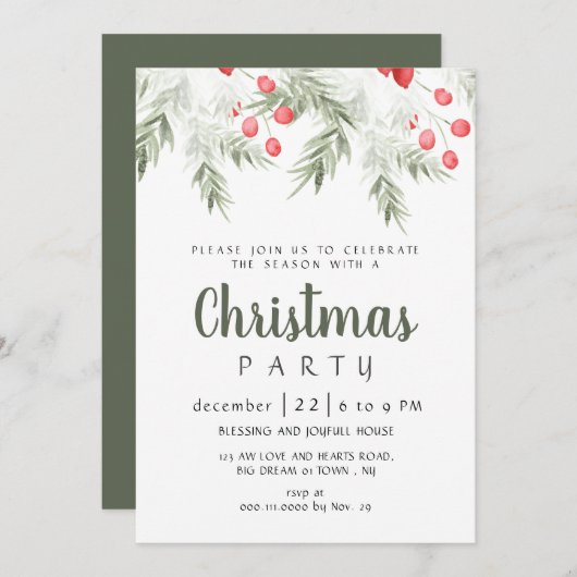 Elegant Winter Greenery Watercolor Christmas Party Einladung (Vorne/Hinten)