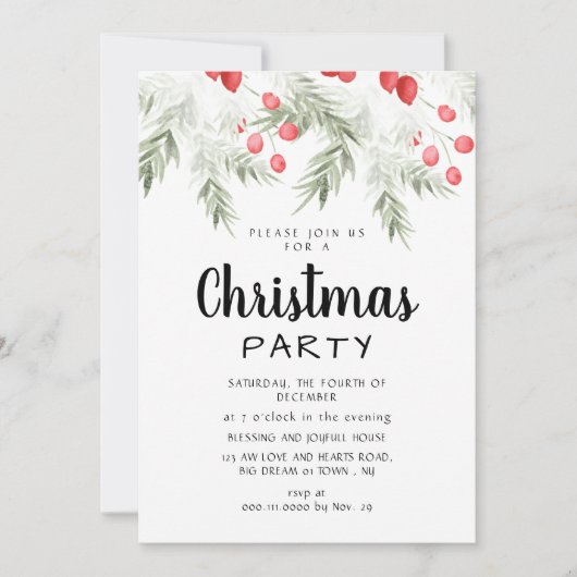 Elegant Winter Greenery Watercolor Christmas Party Einladung (Vorderseite)
