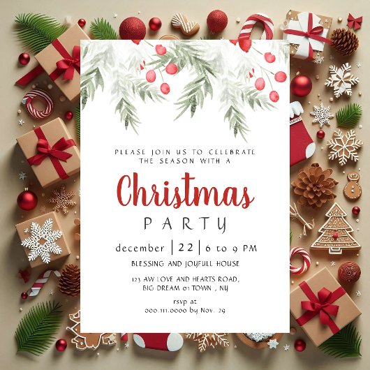 Elegant Winter Greenery Watercolor Christmas Party Einladung