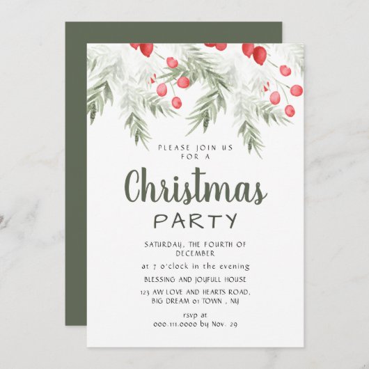 Elegant Winter Greenery Watercolor Christmas Party Einladung (Vorne/Hinten)