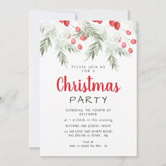Elegant Winter Greenery Watercolor Christmas Party Einladung (Vorderseite)