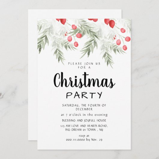 Elegant Winter Greenery Watercolor Christmas Party Einladung (Vorne/Hinten)