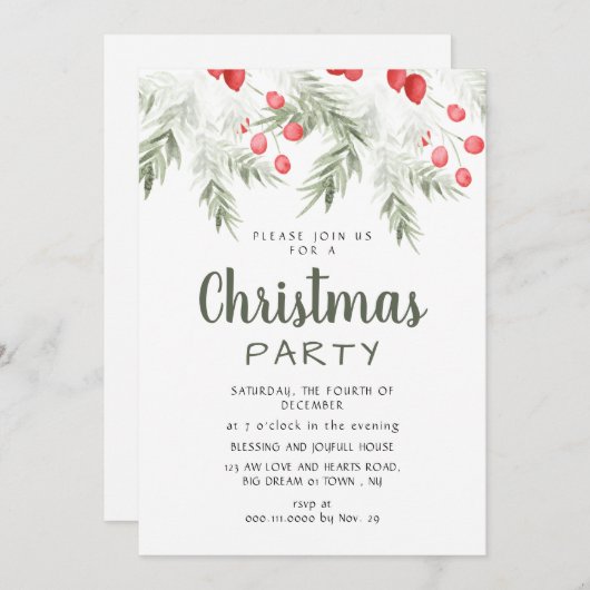 Elegant Winter Greenery Watercolor Christmas Party Einladung (Vorne/Hinten)