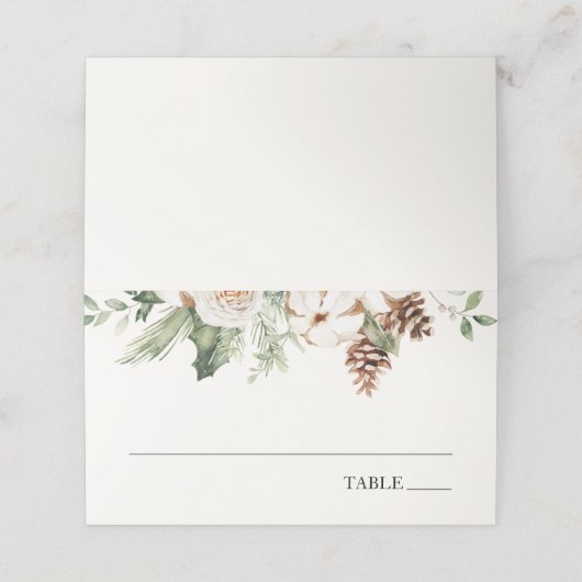 Elegant Winter Greenery Weihnachtsnamen Platzkarte (Außenseite Aufgefaltet)