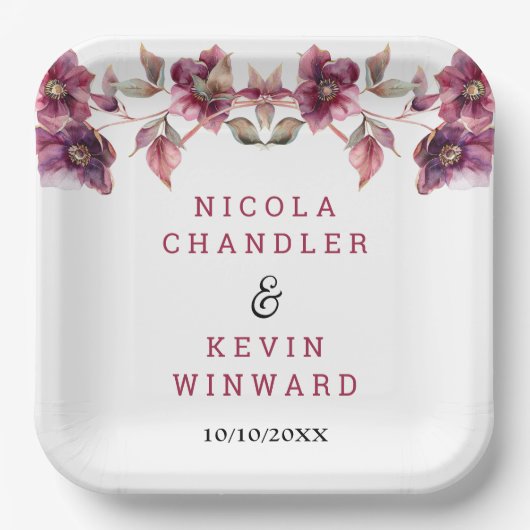 Elegant Winter Hellebore Floral Burgundy Wedding Pappteller (Vorderseite)