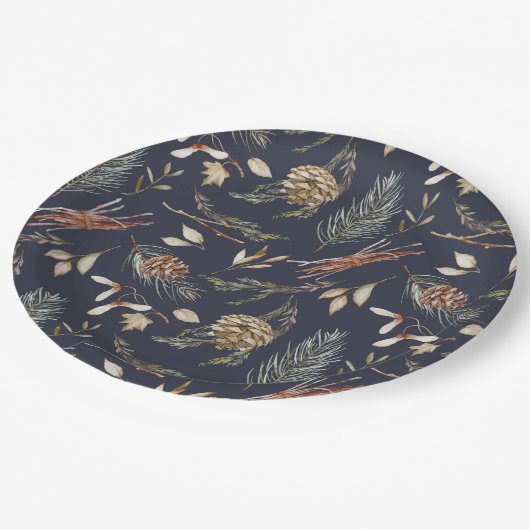 Elegant Winter Paper Plates with Pinecones Pappteller (Schrägansicht)