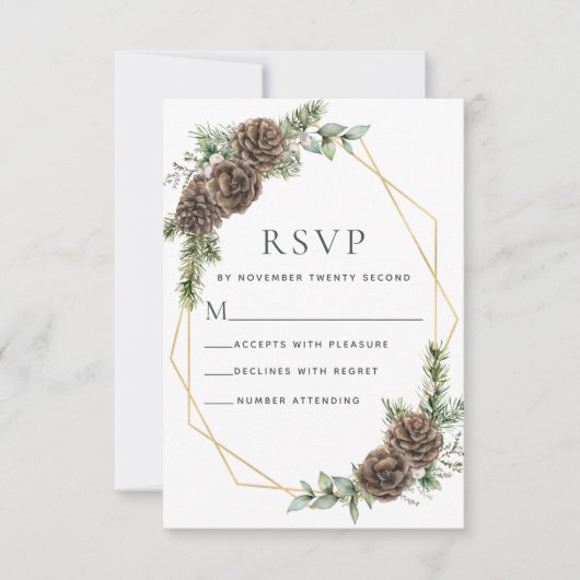 Elegant Winter Pine Cone Grüne Hochzeit RSVP Karte (Vorderseite)