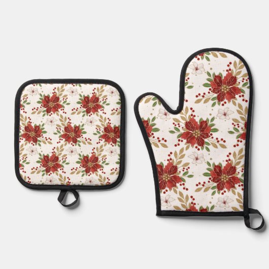 Elegant Winter Poinsettia Floral Pattern Ofenhandschuh & Topflappen-Set (Vorderseite)