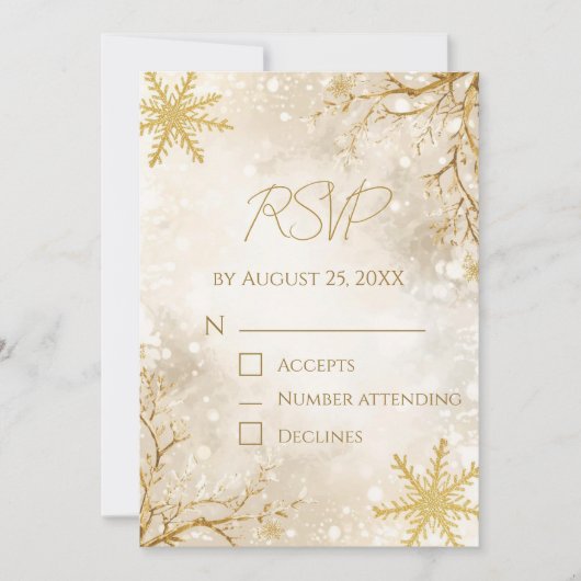 Elegant Winter RSVP Card | Ivory & Gold Snowflake Einladung (Vorderseite)