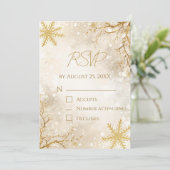 Elegant Winter RSVP Card | Ivory & Gold Snowflake Einladung (Stehend Vorderseite)