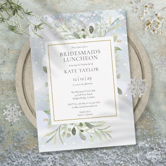 Elegant Winter Snow Greenery Bridesmaids Luncheon Einladung