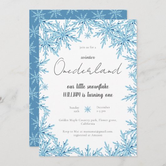 Elegant Winter Snowflake Onederland Erster Geburts Einladung (Vorne/Hinten)