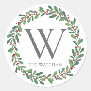 Elegant Winter Sprigs Monogram Weihnachtsfeiertag Runder Aufkleber