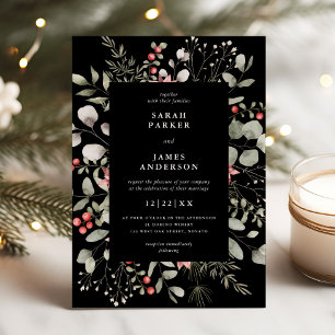 Elegant Winter Watercolor Grüne Schwarze Hochzeit Einladung