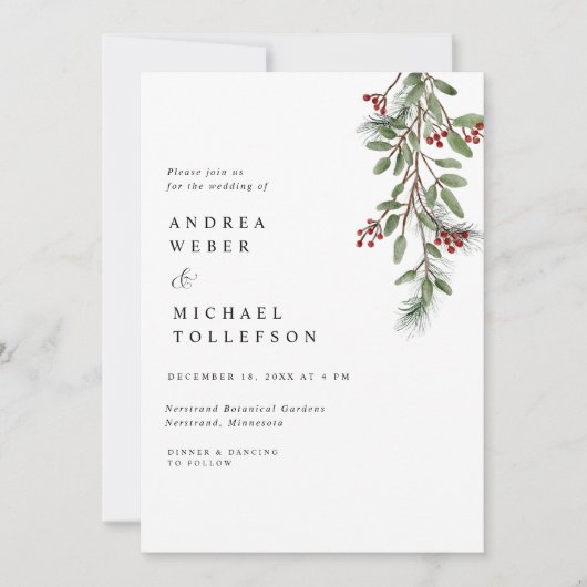 Elegant Winter Wedding Burgund Grüne Einladung (Vorderseite)