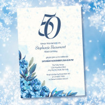 Elegant Winter White Blue Blumen 50. Geburtstag