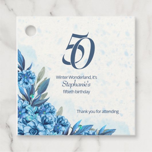 Elegant Winter White Blue Blumen 50. Geburtstag Geschenkanhänger (Vorderseite)