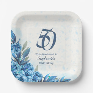 Elegant Winter White Blue Blumen 50. Geburtstag Pappteller