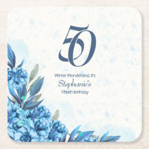 Elegant Winter White Blue Blumen 50. Geburtstag