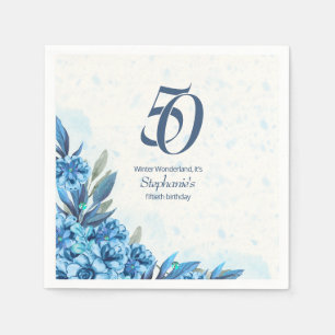 Elegant Winter White Blue Blumen 50. Geburtstag Serviette