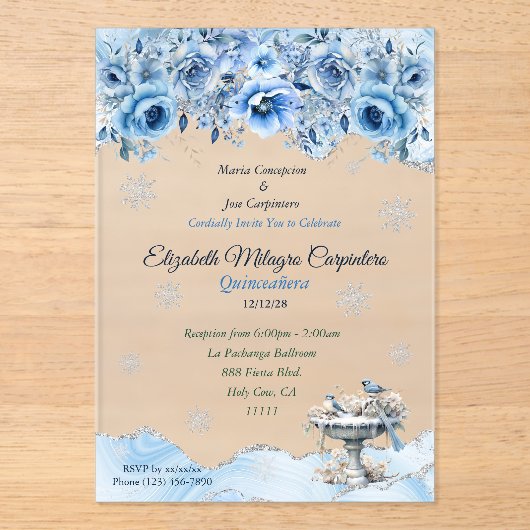 Elegant Winter Wonderland Quinceañera Snowflakes Acryleinladungen (Vorderseite)